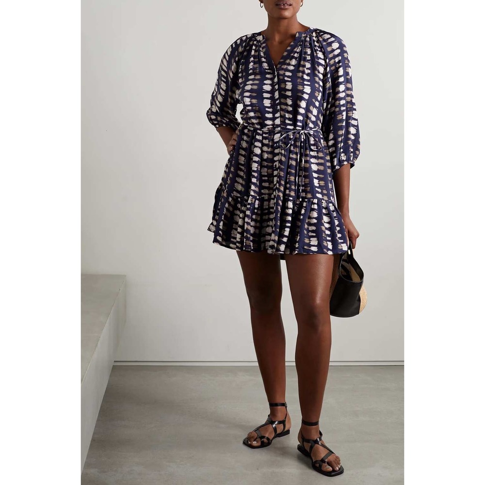 Apiece Apart Mitte Tiered Printed Crepe de Chine Dress Navy White Size Medium